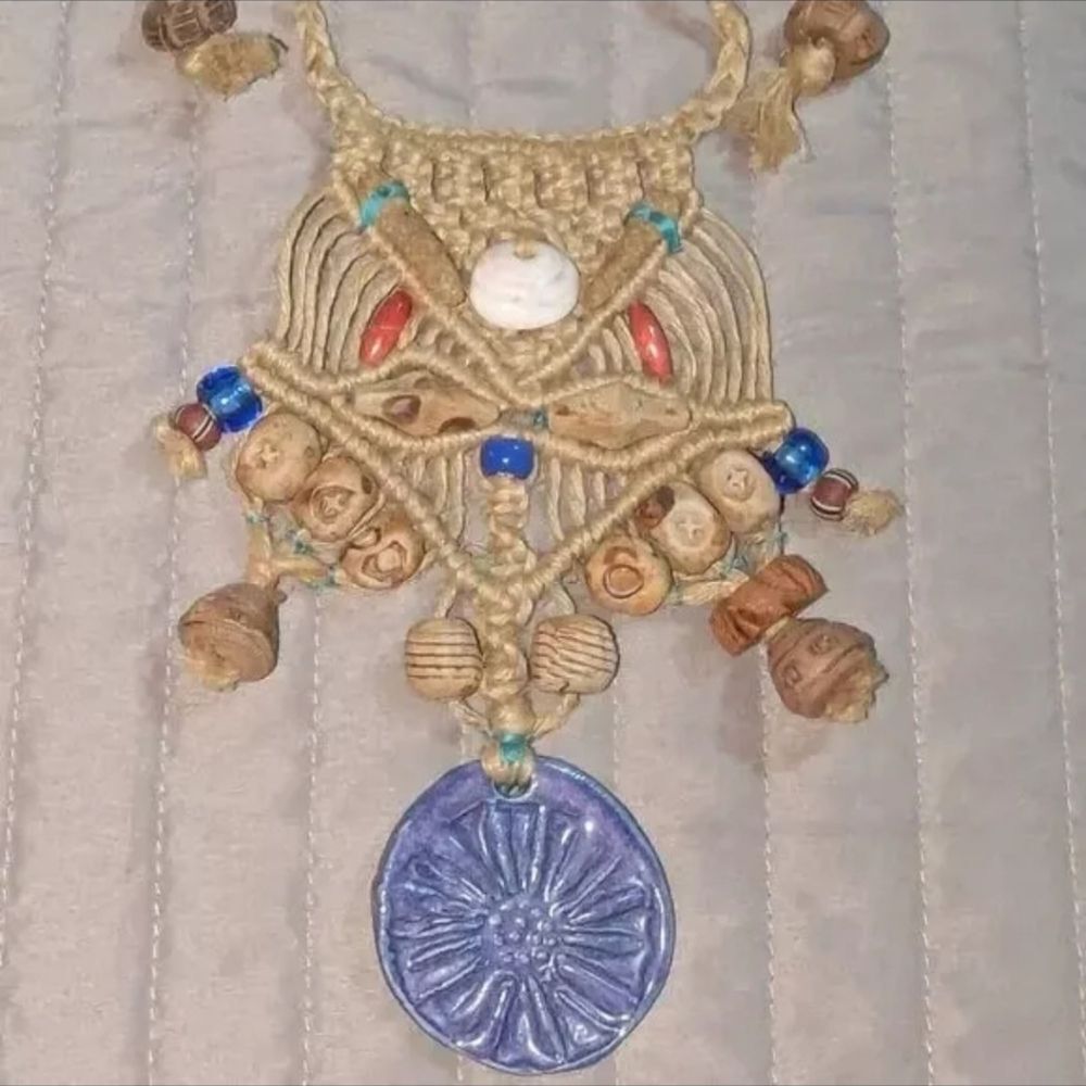 Handcrafted Bohemian Necklace with Blue and Brown With Blue Clay Pendant